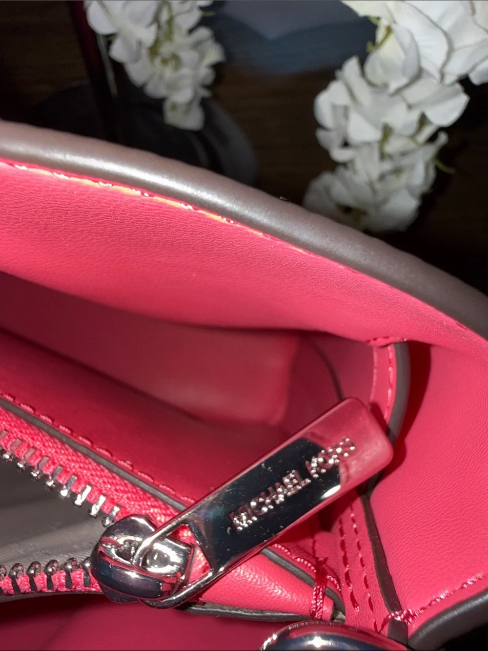 Michael Kors Hot Pink MK Embossed Leather Satchel with Strap